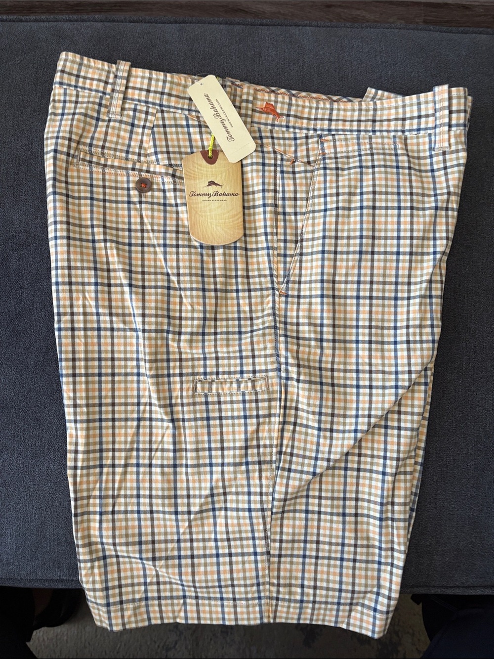 NWT. Tommy Bahama Blue and Tan Plaid Cotton Shorts
